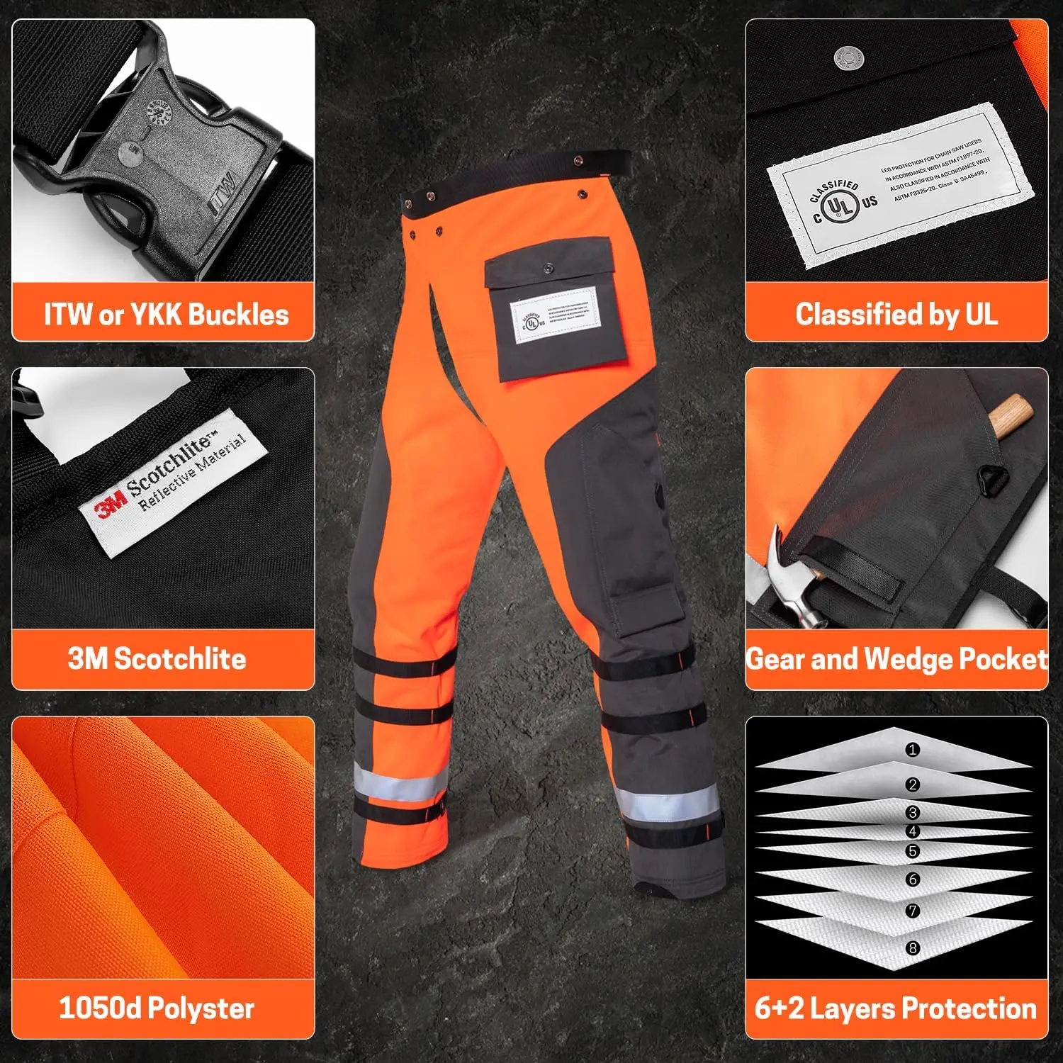 Technical Wrap Chainsaw Chaps By Ul Class A 8 Layers Chainsaw Pants Apron Style Orange Black