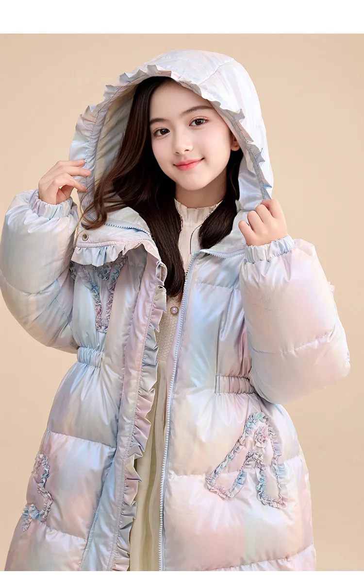 Langer Daunenmantel mit Kapuze für Mädchen, 90 % weiße Entendaunen, warmer Winterparka mit Spitze und Rüschen, winddichte, dicke Oberbekleidung für Teenager und Kinder, A5123 – Detail 7