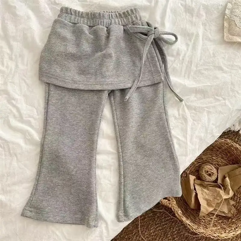 Girls Side Tie Pants Spring and Autumn Models False Two-Piece Flared Pants in Small Children Fashion Solid Color Elastic Pants