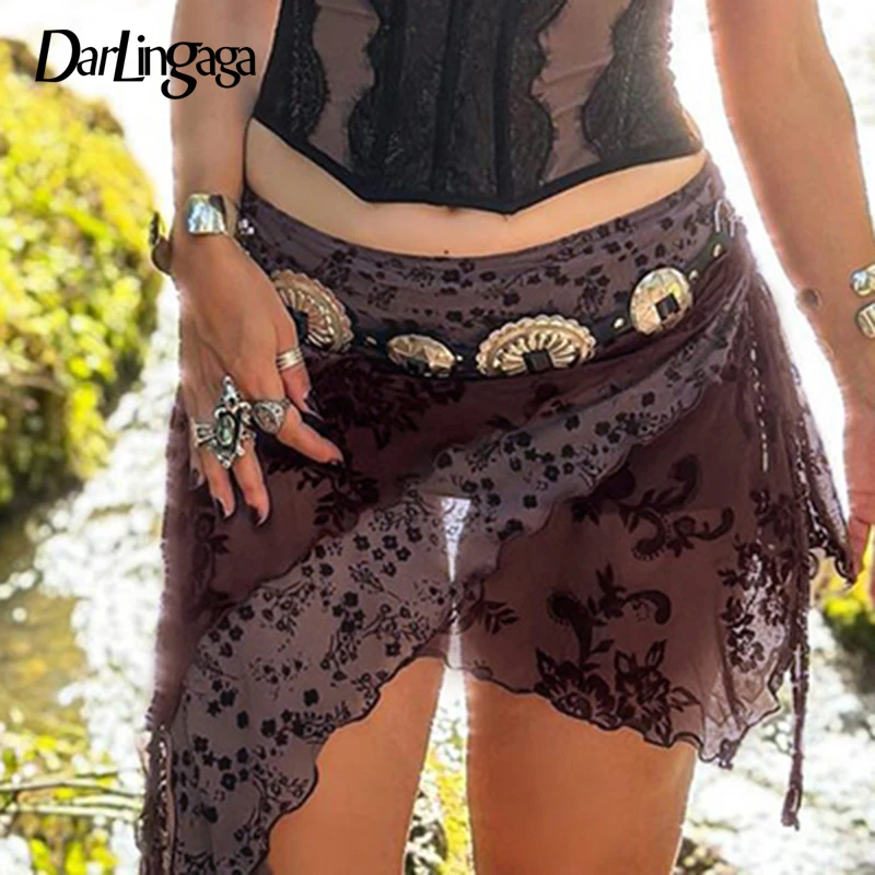 Darlingaga Asymmetrical Ruched Printed Bodycon Mesh Skirt Female Vintage Fashion Fringe Drawstring Sexy Party Skirt Mini Outfits