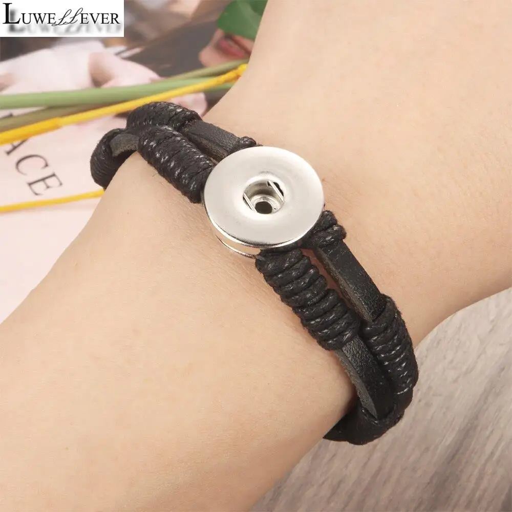 Black Weave 062 Real Genuine Leather Fit 18mm Snap Button Bangle Bracelet Charm Jewelry For Women Men Gift 21cm