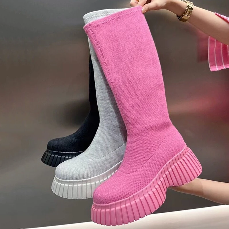 Women High Fly-knitted Elastic Boots 2024 Autumn New Slip on Chunky Platform Ankle Boots Woman Fashion Pink Thick Bottom Botas