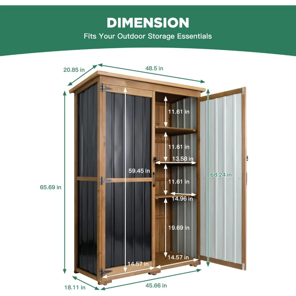 سقيفة تخزين خارجية من الخشب والمعدن مقاومة للعوامل الجوية مع أبواب مزدوجة قابلة للقفل، وأرفف قابلة للإزالة وقابلة للتعديل