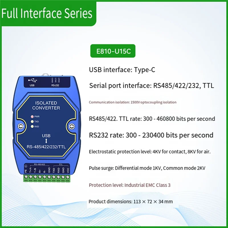 

Промышленный преобразователь USB в RS485 RS422 RS232 TTL CDSENET E810-U15C с изоляцией силового сигнала CH340 Type-C 3,5 В/5 В TTL-AU47