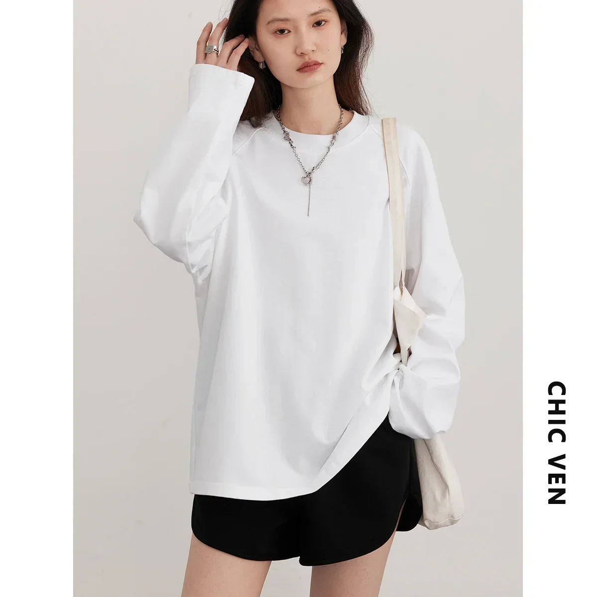 CHIC VEN Women T-shirt Solid New Simple Loose Round Neck Cotton Raglan Long Sleeve Pullover Female Top Spring Autumn 2024