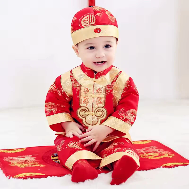 Setelan pakaian anak-anak tradisional Cina, setelan Festival Musim Semi Cina, pakaian Tahun Baru, Set kostum Fotografi satu tahun