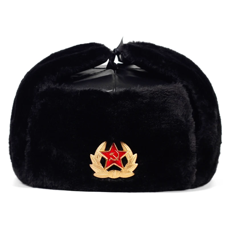 Sowjetische Armee Militärabzeichen Russland Uschanka Bombermützen Piloten-Trappermütze Wintermütze mit Kunstkaninchenfell-Ohrenklappe Herren Schneemützen – Detail 5