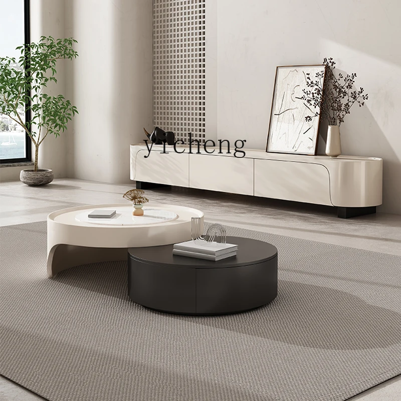 Tqh-Meuble TV Rétractable de Style Crème, Rond, Moderne, pour Salon et Maison