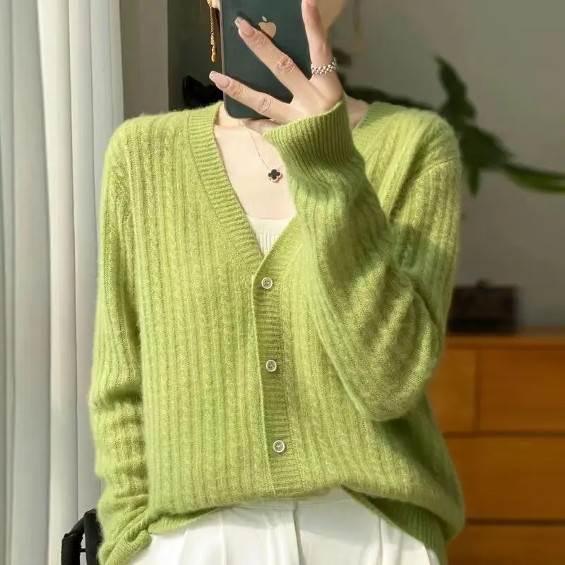 V-Neck 100% Pure Wool Cardigan Women\'s Long Sleeved Solid Color Cashmere Knitted Hollow Loose And Fashionable Knitted Top