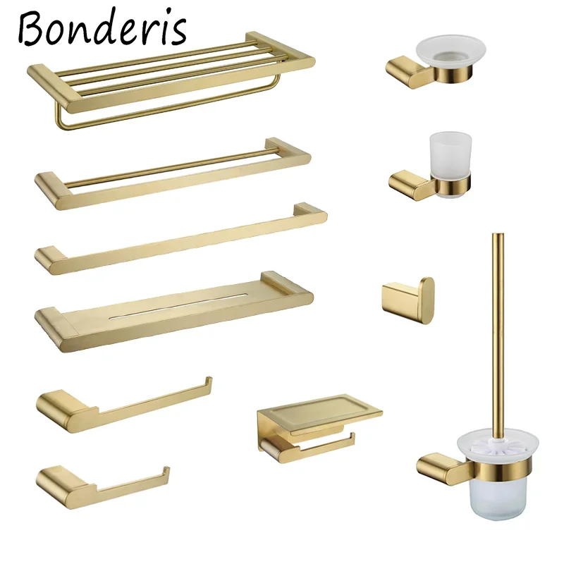 

Brushed Gold Bathroom Accessories Hardware Sets 304 Stainless Steel Towel Rack Bar Hook Toilet Roll Paper Holder Cup Soap Holder