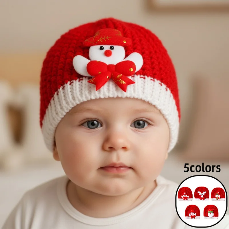 

2025 New Christmas Baby Kids Red Knitted Hat for Girls Boys Clothing Cute Children's Warm Woolen Fontanel Protection Caps