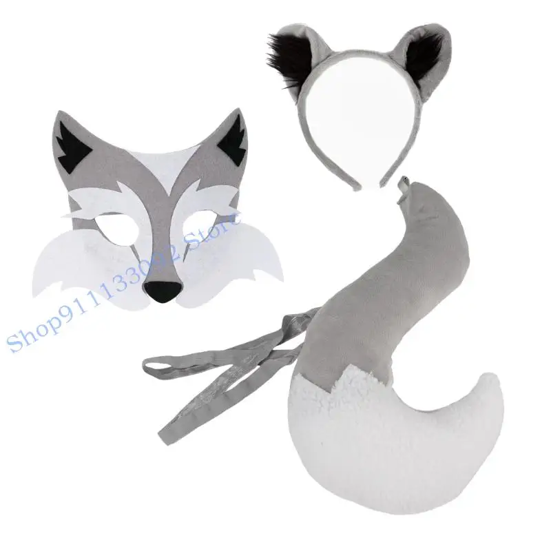 

H9ED Foxes Wolf Costume Ears Headbands Tail Wolf Mask Halloween Animal Cosplay Props