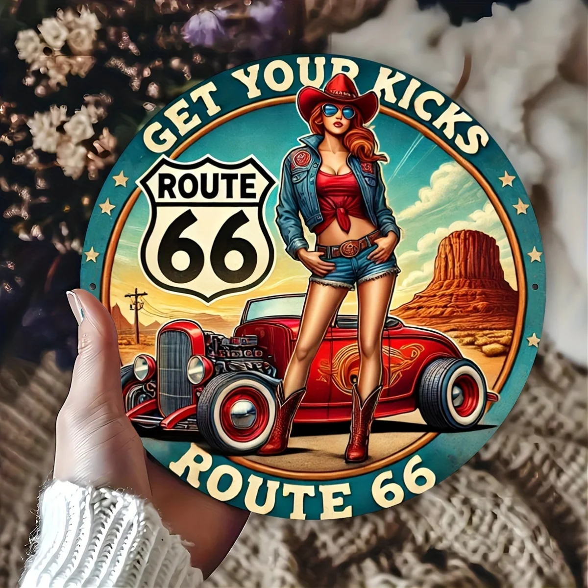 Vintage Get Your Kicks Route 66 Pin Up Cowgirl Round Tin Sign, Retro Distressed American Hot Rod Desert Landscape Metal Wall Art