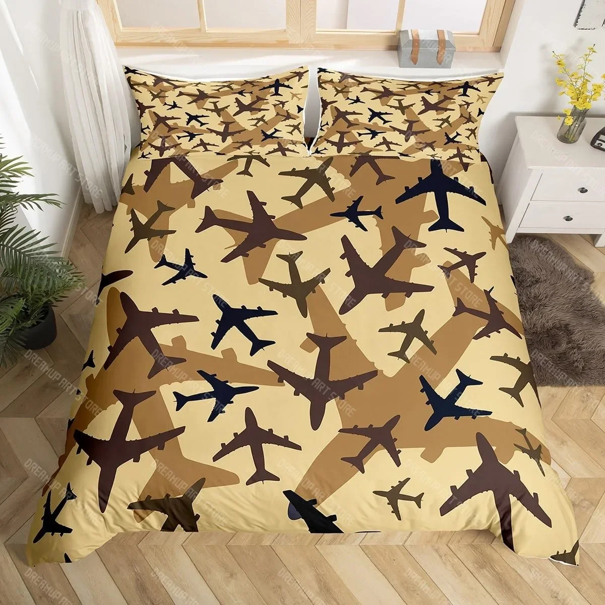 

Cartoon Aircraft Duvet Cover Set Full Size Blue Green Airplane Bedding Set 3Pcs Army Camo Comforter Cover for Kids Boys Teen Men