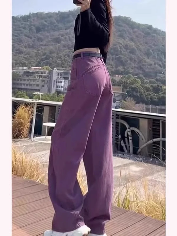 Cintura alta solta ajuste jeans feminino bell bot primavera 2025 novo sle faca americana longo roxo calças de perna larga