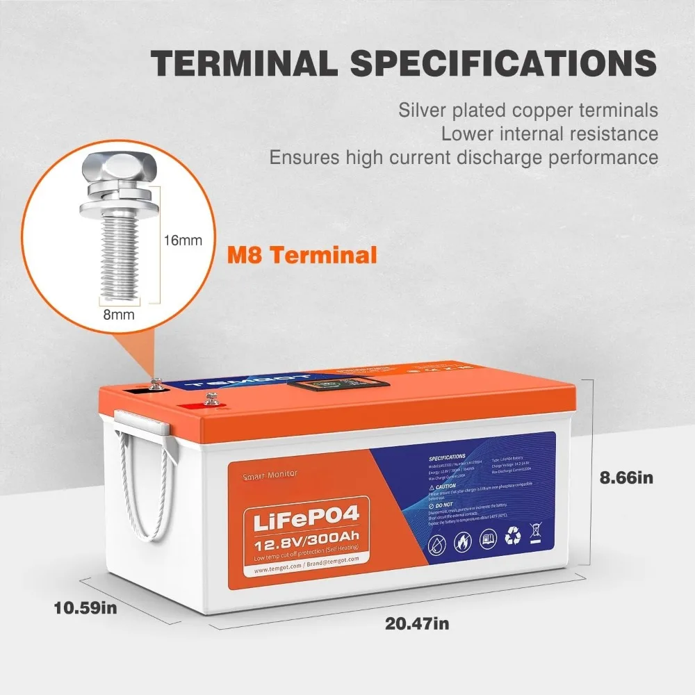12V 300Ah Self-Heating LiFePO4 Lithium Battery with Smart Touch Screen & Bluetooth App, Built-in 200A BMS, 2560W Power