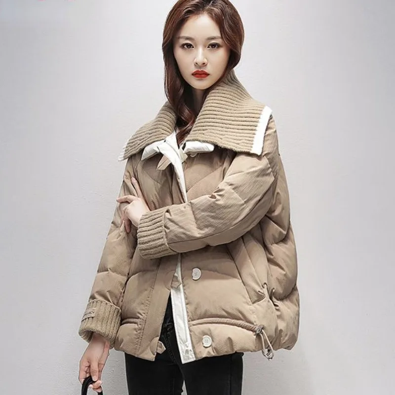 2023 New Down Jacket Women Short Knit Stitching Winter Stand Collar Cotton Coat Versatile Fashion Overcoat Female Coat