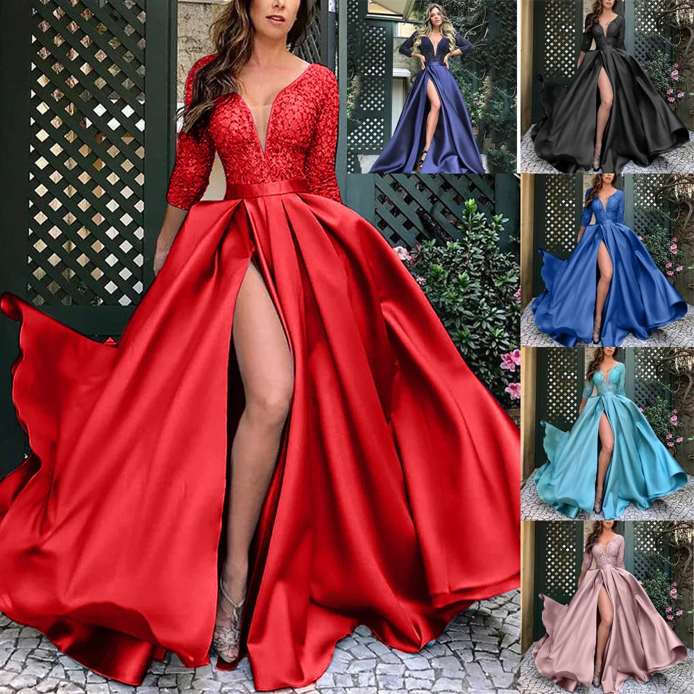 

Women Banquet Evening Formal Dress 2023 Elegant Sexy Plus Size V Neck Lace Sequined Long Tailing Dress for Special Occasions