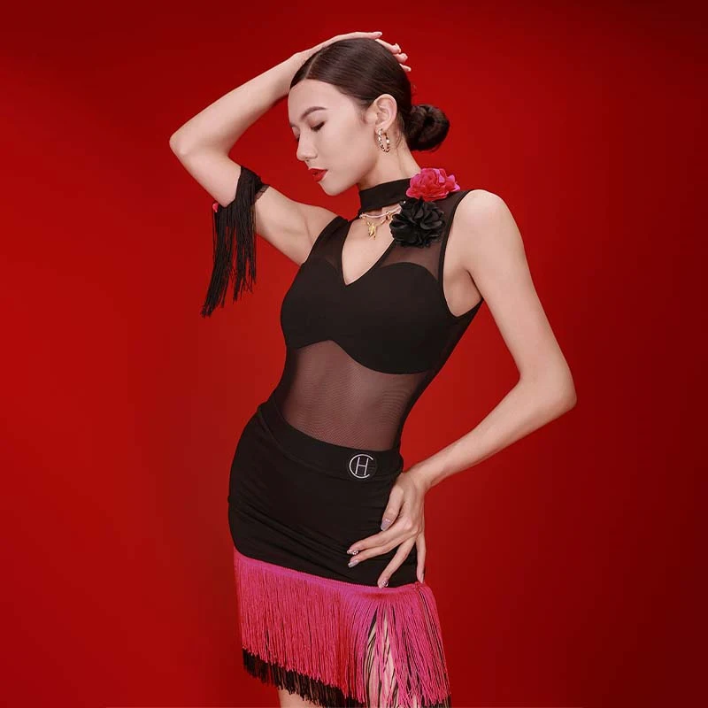 

2025 Sleeveless Mesh Bodysuit Tassel Skirt Suit Latin Dance Performance Dress For Women Chacha Rumba Lain Stage Clothes DQS19346