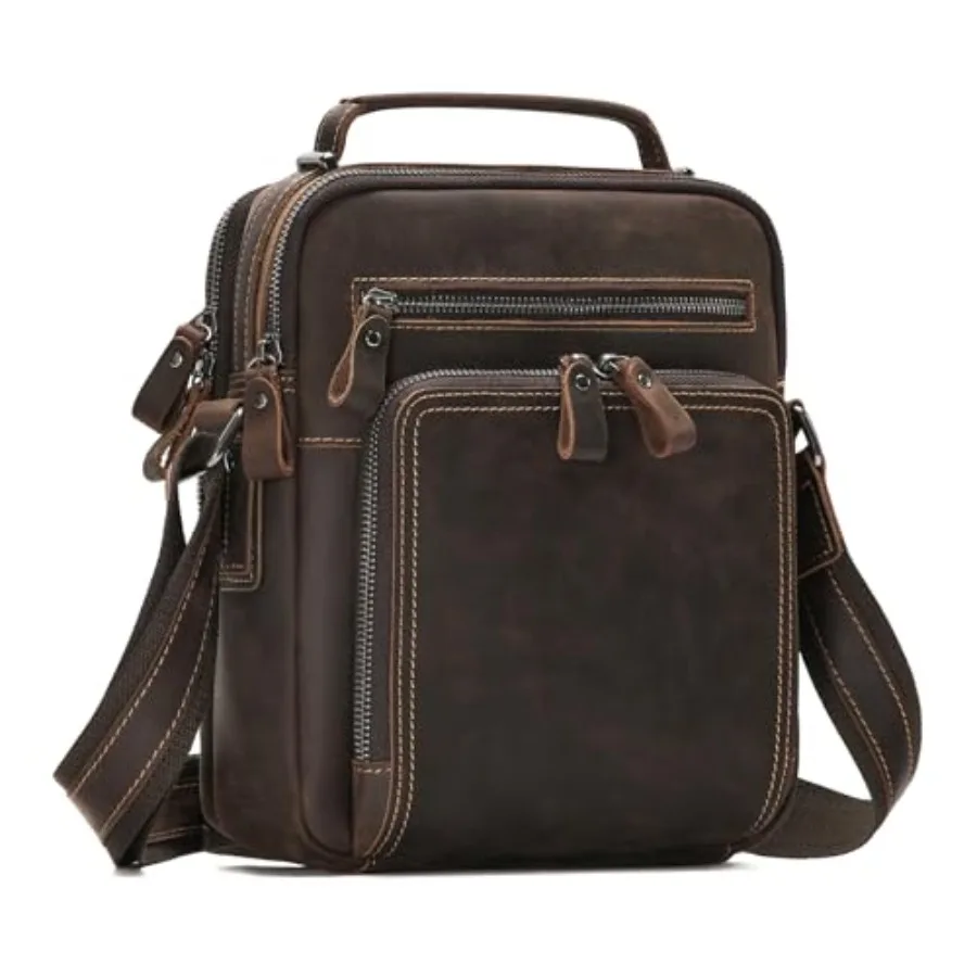 Bolso Bandolera Pequeño de Cuero Genuino para Hombre, Bolso de Hombro Vintage para Trabajo, Negocios y Viajes