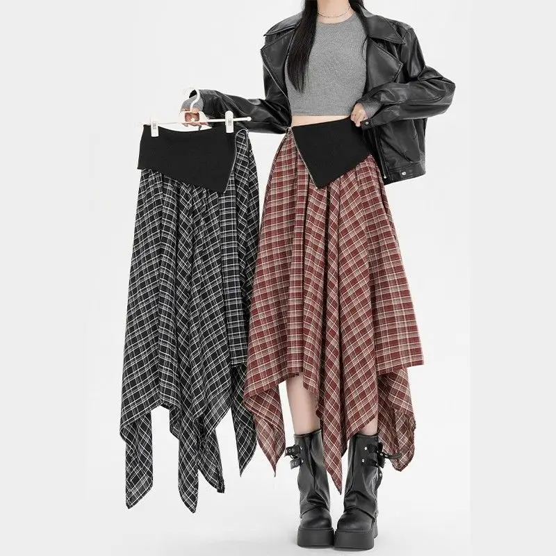 

Американские панк-юбки для девушек: асимметричные плиссированные юбки А-силуэта в клетку с пэчворком, с высокой эластичной талией, средней длины, в стиле гранж и хип-хоп