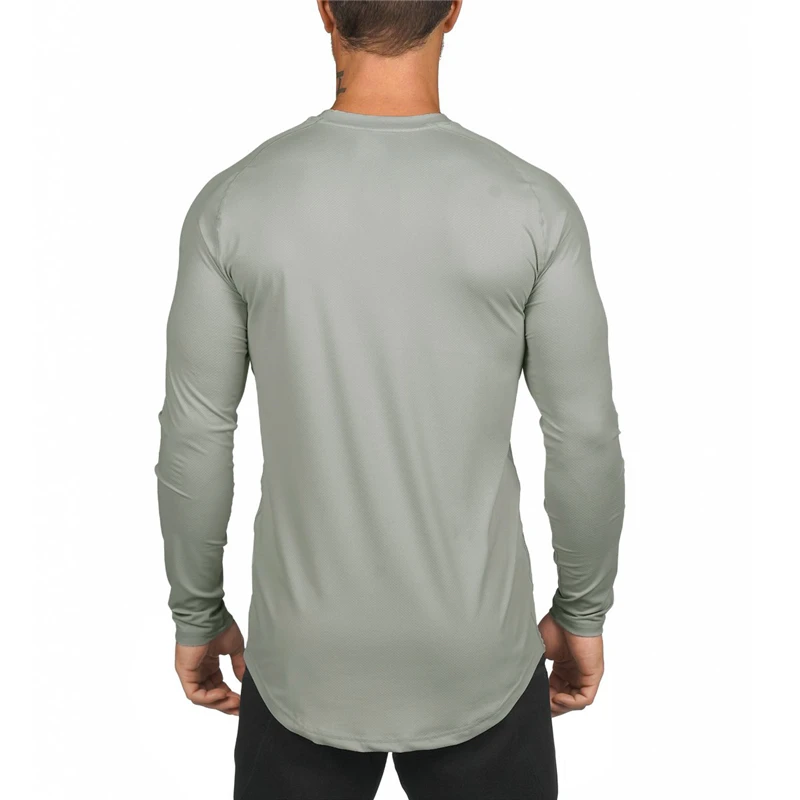 Plain Quick Dry Mesh Fitness T Shirt Men Solid Extend Long Sleeve T-shirt Slim Fit Tees Gym Clothing Bodybuilding Tshirt