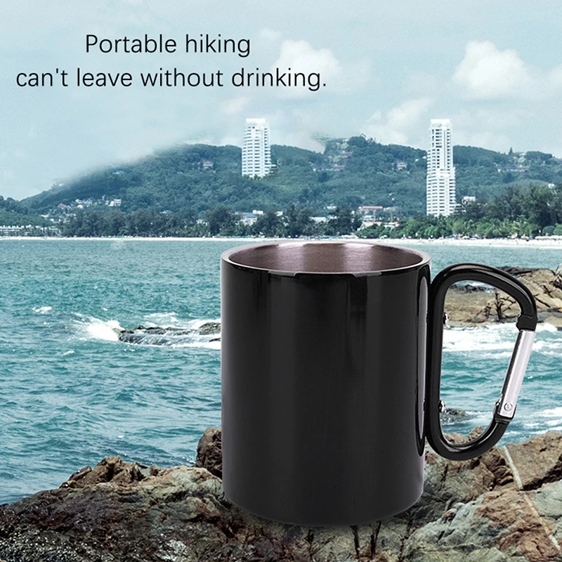 

220ml Outdoor Camping Travel Stainless Steel Cup Carabiner Hook Handle Picnic Water Mug Outdoor Travel Hike Portable Cups