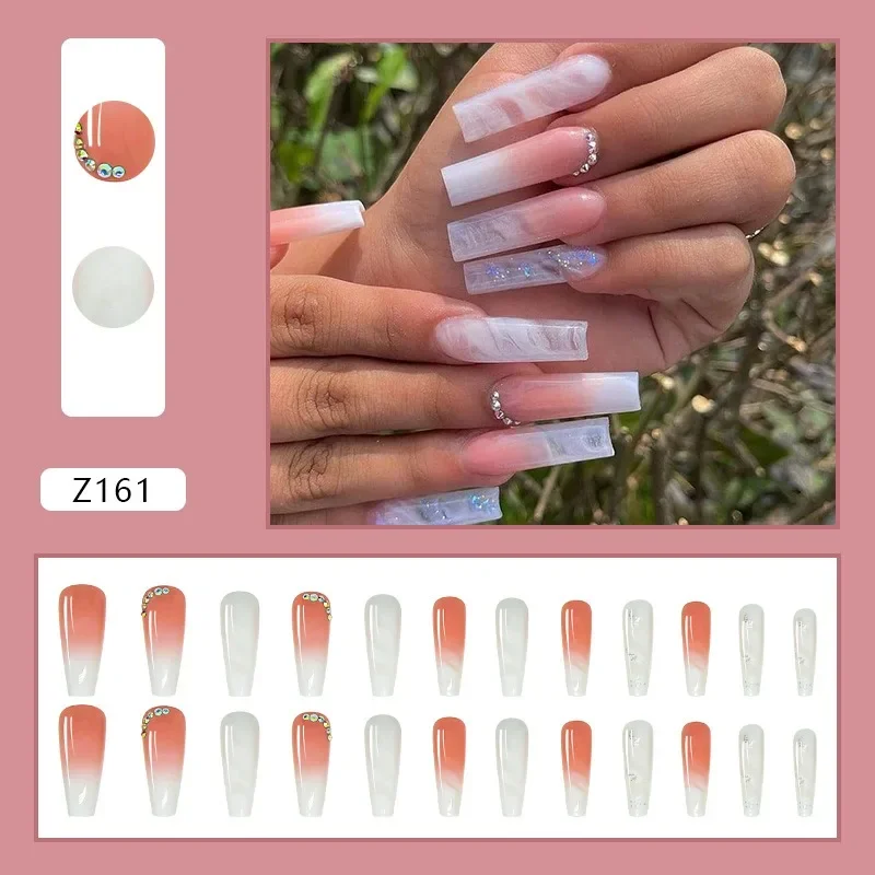 24pcs Nails Press On Full Set White Extra Long False Nail For Girls Square Fake Nails With Glue Summer Nail Art Removable 2025