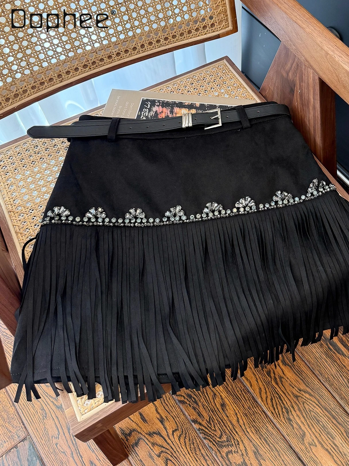 

Black Rhinestone Tassel Ribbon High Waist Skirt Women Winter New French Style Elegant Trendy Slim Pleated A-line Mini Skirts