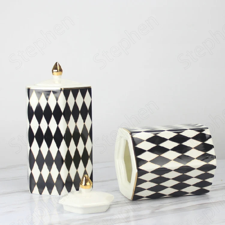 Gold Stroke Ceramic Storage Jar with Lid Modern Classic Black and White Geometric Decorative Tea Organizer Storage Ornaments