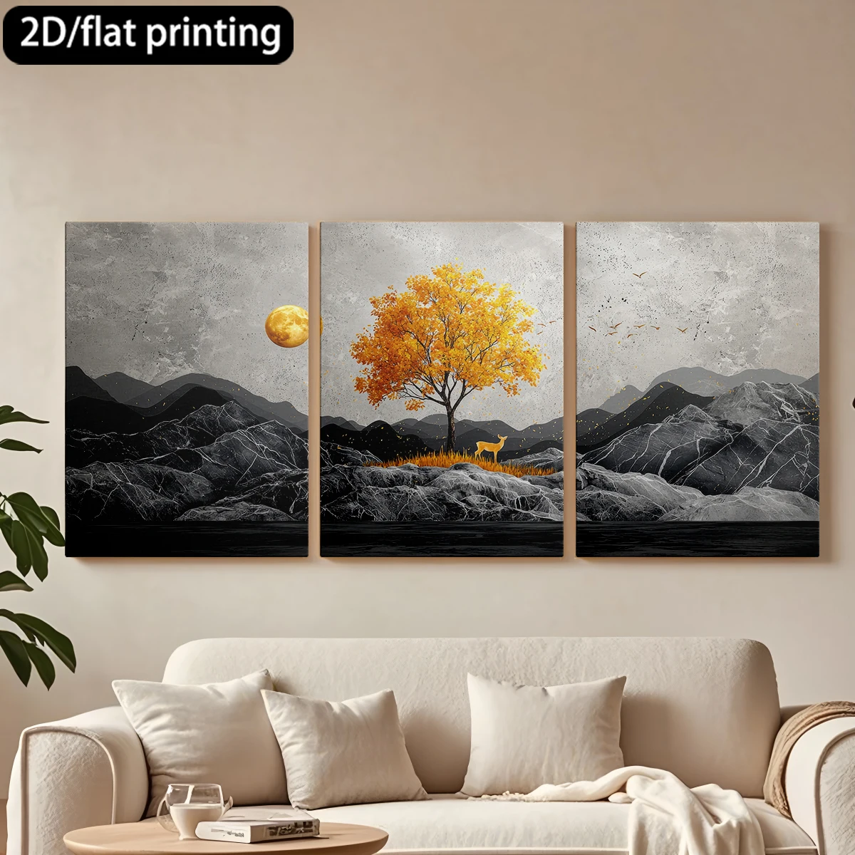 

Набор из 3 картин на холсте в деревянной раме: Золотое дерево, олень, горы, луна. Декор для коридора и спальни.