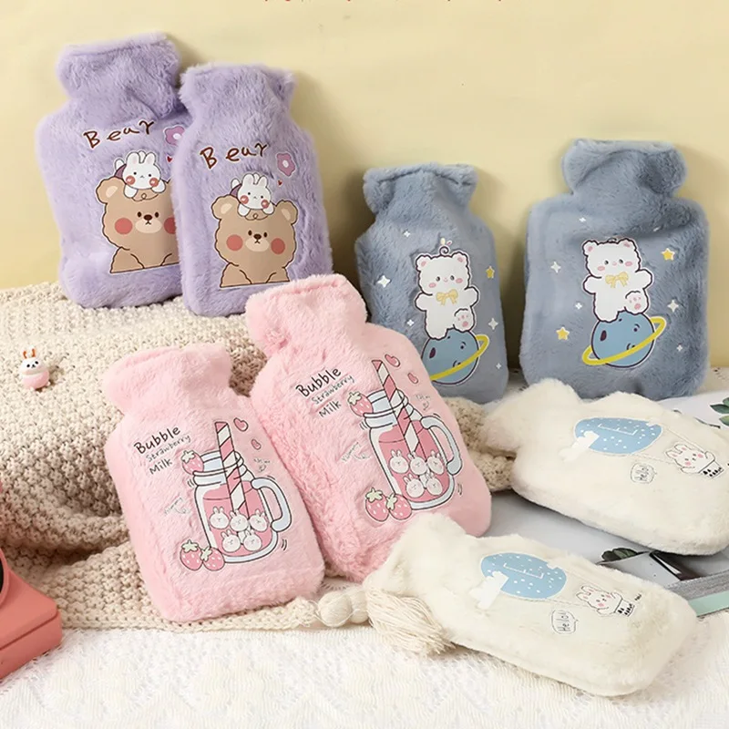 250ML bouillotte Hot Water Bottle Plush Cartoon Kawaii Bear Kat Rabbit Animal Pattern Thick Hot Water Bag Hand Feet Winter Warm