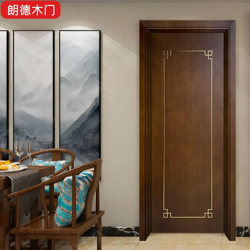 New Chinese paint household bedroom kitchen bathroom interior set casement inlaid metal strip multi-layer solid wood door
