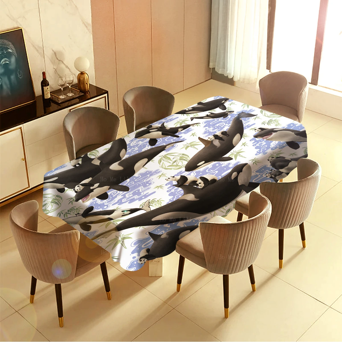 Panda On Orcas Back Funny Hybrid Captives Poster Cartoon Animal Creative Oil-proof Tablecloth By Ho Me Lili For Tabletop Decor