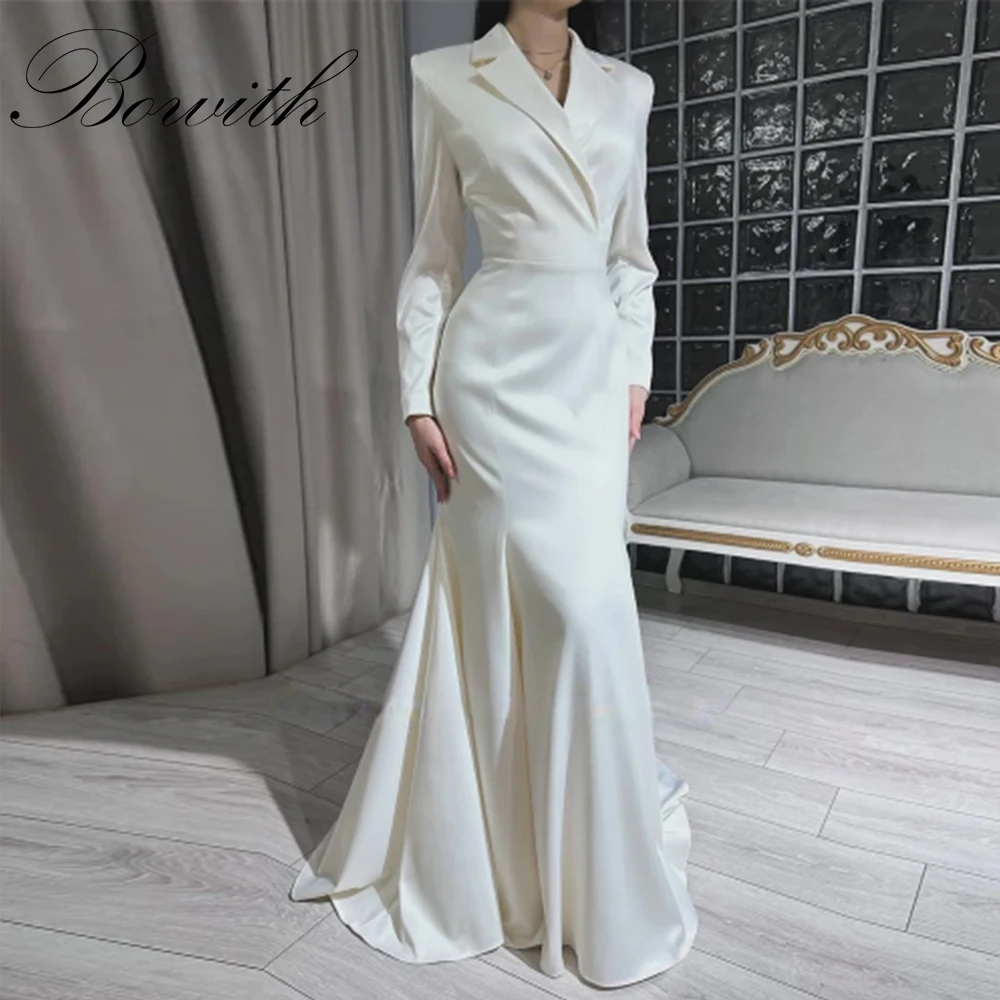 

Bowith Mermaid Notch Lapel Evening Dresses Full Sleeves Wedding Party Gowns Floor Length Pleats Customized Formal Dresses