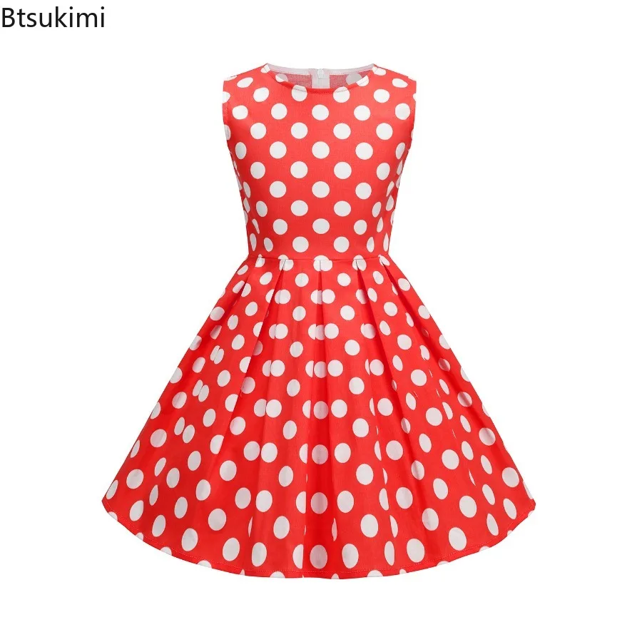 

New 2025 Children's Girl Vintage Dress Round Neck Polka Dots Lemon Fruit Daily Birthday Party Swing Dress Pleated Summer Dress