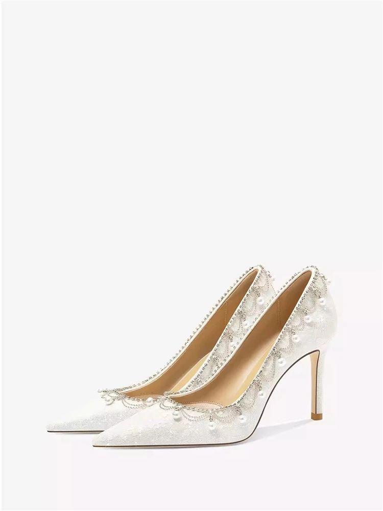 Spring pointed shallow print cloth rhinestone pearl chain wedding shoes banquet dress large size small size women's high heels
