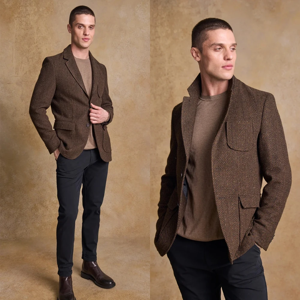Classic Brown Herringbone Tweed Blazer with Patch Pockets and Notch Lapel Men Autumn Vintage Suit Jacket Customized M266023