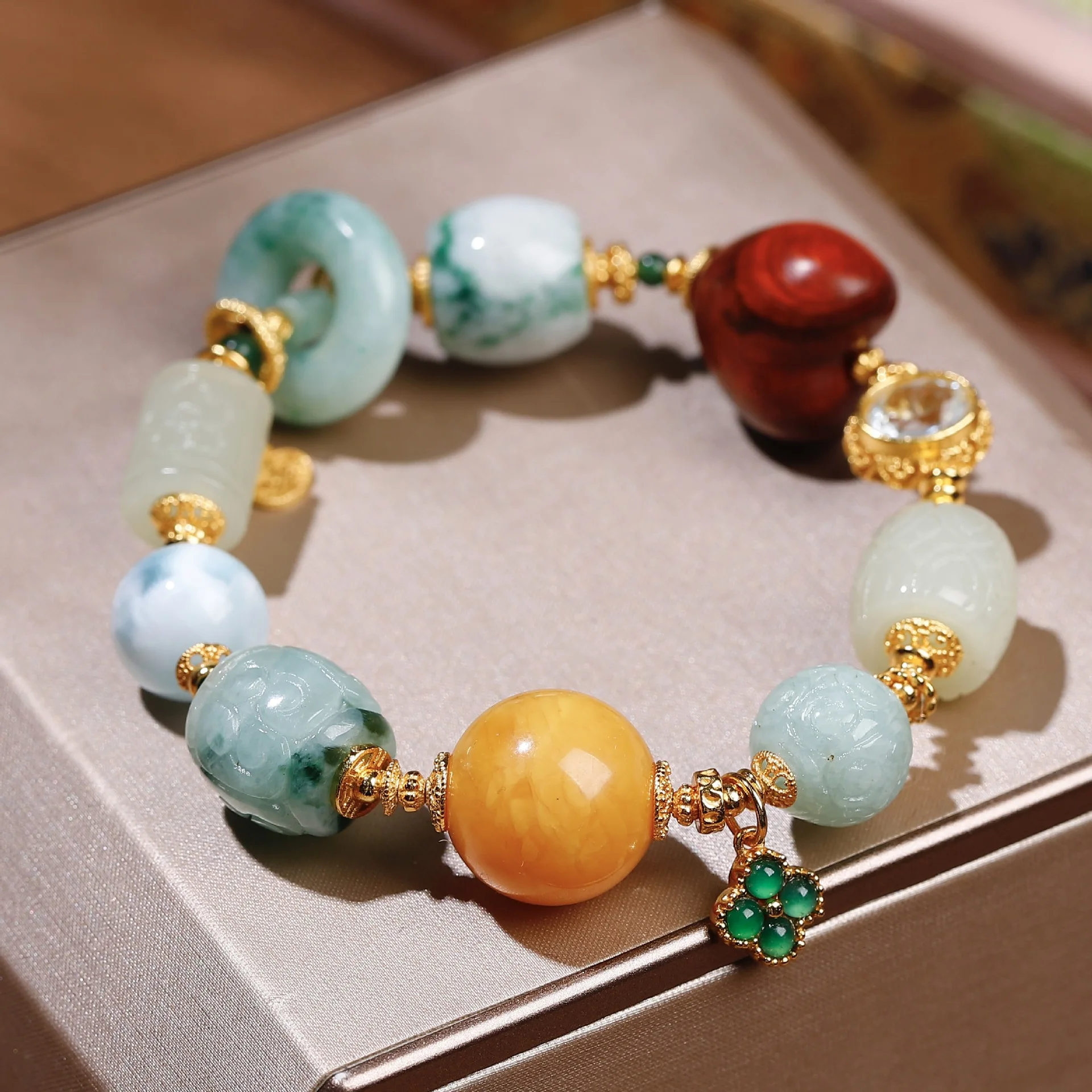 

Natural Grade-A Jadeite Bracelet, Hetian Jade Larimar Amber Red Sandalwood Heart Beads, Multi-Gemstone Healing Jewelry Gift