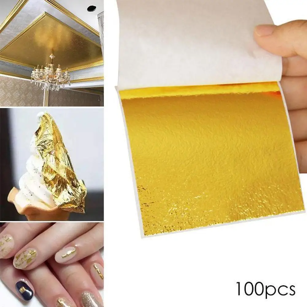 100 pçs prático k puro brilhante folhas de ouro para diy linhas de móveis dourados artesanato de parede decoração dourada 9x9cm