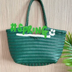 Bolso de mano de cuero de vaca para mujer, bolsa de compras de segunda capa, tejida, con asa