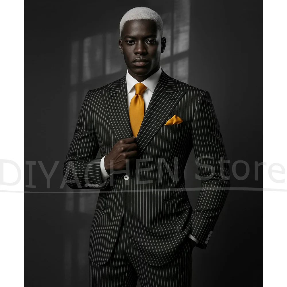 

Men's Striped Suit Set Stylish Peak Lapel One Button Outfit for Formal Business Wedding Party Elegant Tailored Male Suit