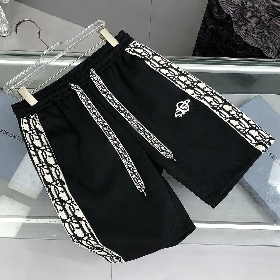 Summer splicing letter webbing striped embroidery sports casual shorts men's loose light luxury beach five-point medium