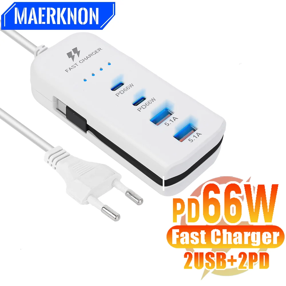 

66 Вт 4-портовое быстрое зарядное устройство USB PD QC30 типа C USB A Высокоскоростная зарядная станция для iphone samsung Для телефонов Планшетов ЕС США Вилка