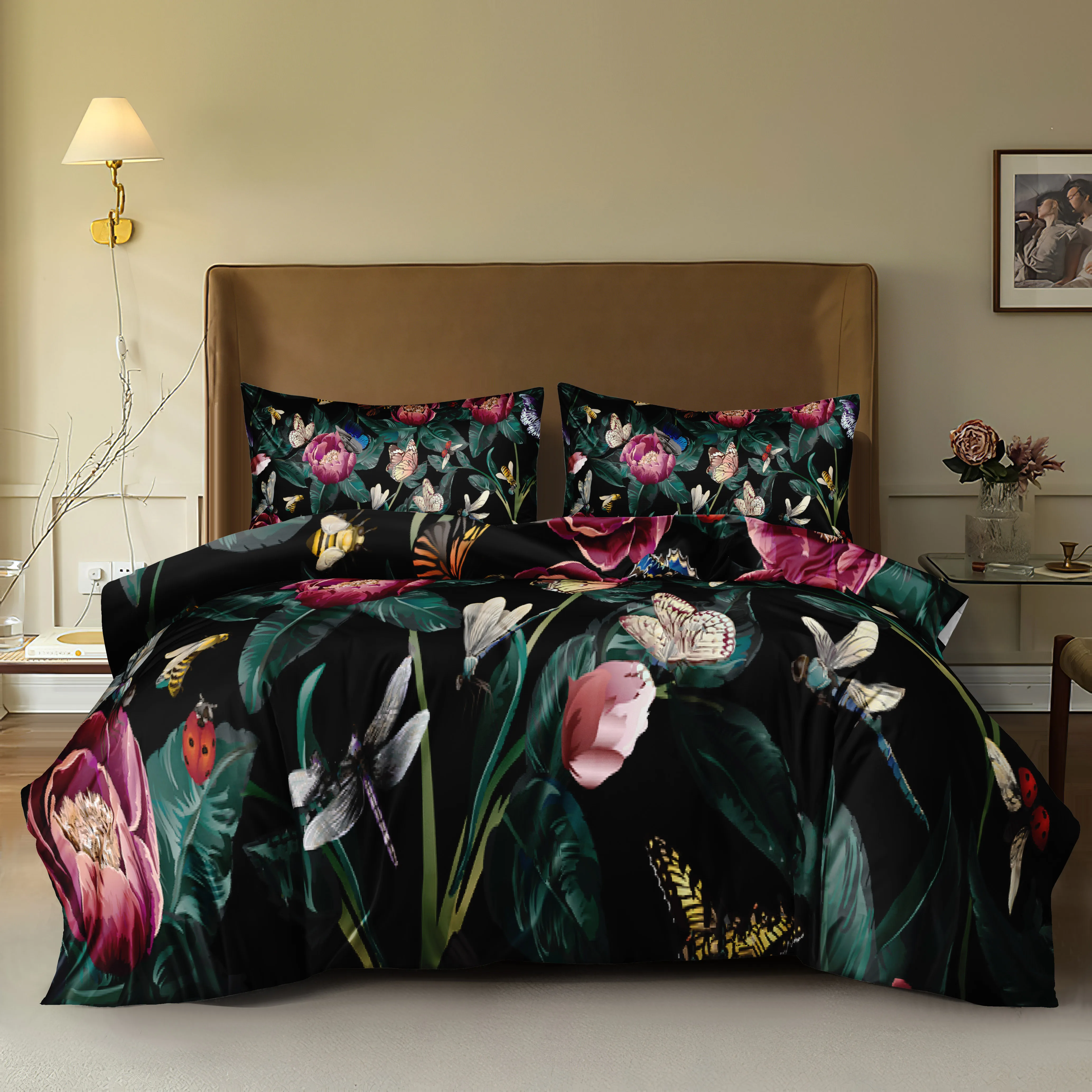 

Butterflies Bedding Sets Red Flowers Duvet Cover Set Black Animal Home Textiles Floral Bed Linen for Dropshipping