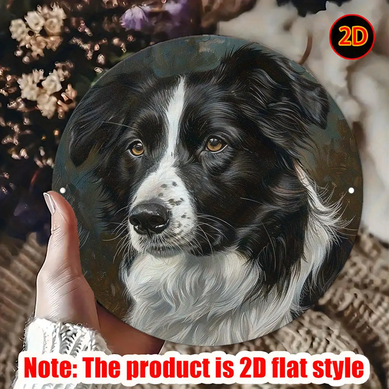 2D Flat Round Metal Wall Art - Border Collie Portrait, Vintage Style, Aluminum Sign for Home Decor, Living Room, Bedroom, Cafe,