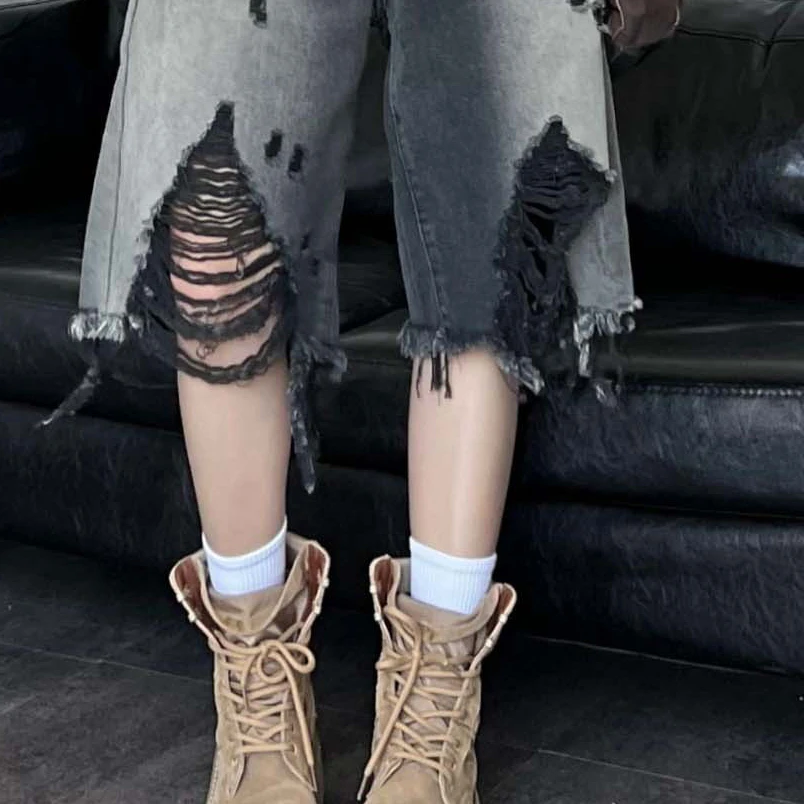 Pantaloncini di jeans strappati da donna estivi Pantaloni corti da donna larghi dritti casual streetwear Y2K