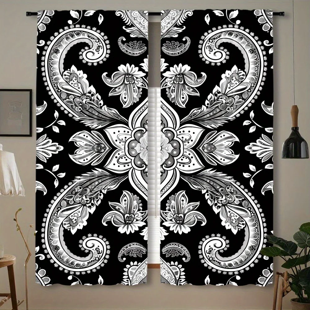 

2 шт., черные шторы с цветочным принтом, декоративные оконные шторы с богемными цветами мандалы, карман для стержней, для гостиной в спальне