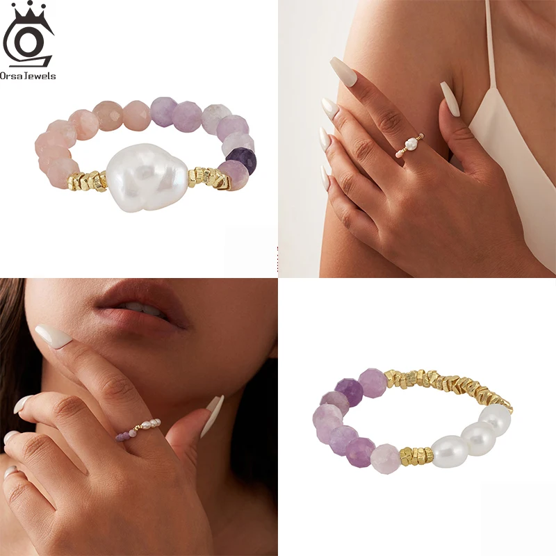 

ORSA JEWELS 925 Sterling Silver Purple Mica Stone Ring with Freshwater Pearls Beaded 14K Gold Pearl Rings Adjustable Women MPR03