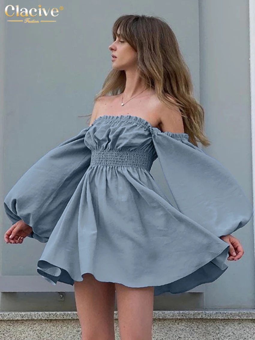 

Clacive Fashion Loose Blue Women's Dress Sexy Square Collar Puff Sleeve Mini Dresses Elegant Classic High Waist Female Dress